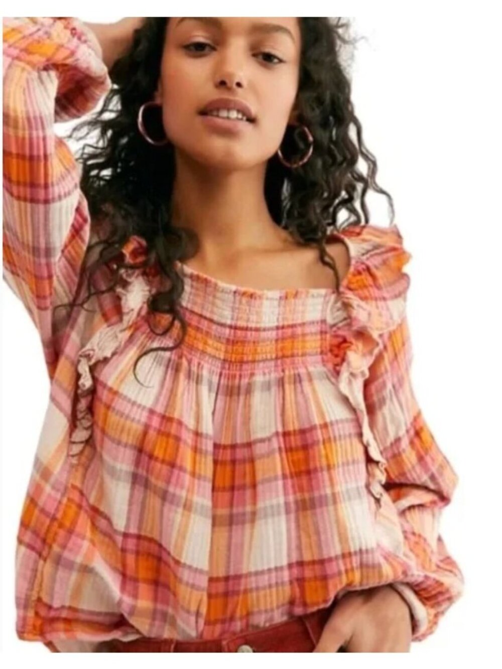WE‎ THE FREE Siena Ruffled Boho Plaid Top Size XS